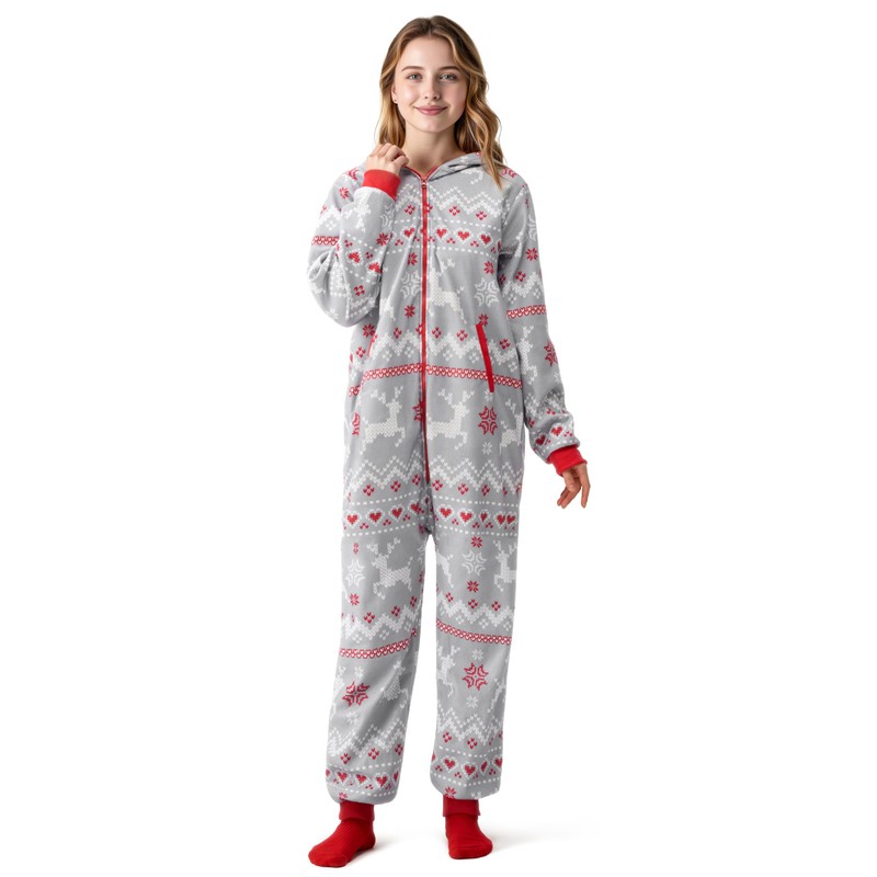 Giggling Getup Grey Women Adults Christmas Pajamas with Hood, Loose