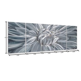 Yihui Arts Silver Metal Flower Wall Art, 5 Pieces Aluminum Artwork, Contemporary Botanical Sculpture for Living Room Bedroom Bathroom Decor