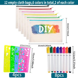 JOKILY DIY Blank Fabric Bag, Fabric Pencil Case, Canvas Makeup Bags with Zip, Fabric Bag for Painting with 4 Drawing Templates for Work, School, Travel, 12+2, Cosmetic bag