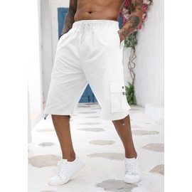 Mens Cargo Shorts Cotton Elastic Waist Capri Knee Length Multi Pocket Pants, White