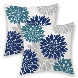 BETGINY Navy Blue Aqua Teal Summer Outdoor Pillow Covers 18x18 Inch 2 Pcs, Geometric Elegant Dahlia Floral Decorative Throw Pillows, Grey Flower Decor Pillowcase Linen Cushion Cover for Car Couch