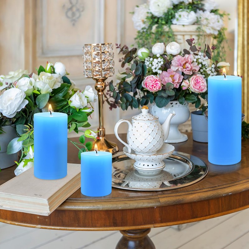 Blue Pillar Candles Set of 3 - Dripless Unscented -