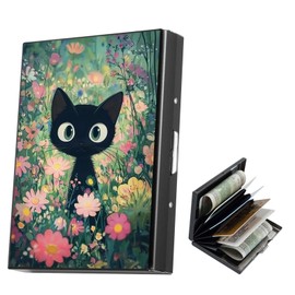Tudguiloae Black Metal Card Holder Wallet, RFID Blocking Multi-Slot Design, Floral Cat Print, Slim Aluminum Case for Credit Cards Cash ID, 3.7x2.56 Inch