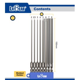 LABEAR - 8pc Hex bit set METRIC 6 inch long, 1/4" Shank Hex Head Allen Wrench Screwdriver Bit Set, Magnetism, Power Bits, S2 Steel, H2, H2.5, H3, H4, H5, H6, H7, H8