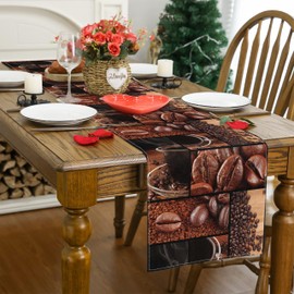 Coffee Print Table Runner Rectangle Modern Art Coffee Cup Coffee Bean Abstract Heart Non-Slip Print for Dining Room Kitchen Living Room Party 13x60 inch