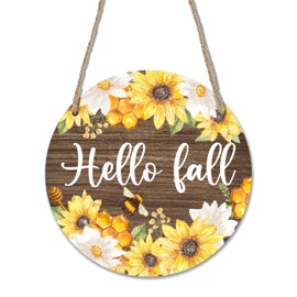 Sunflowers and Daisies Wooden Sign for Door - Hello Fall - 10" House Welcome Sign, Round Wood Hanging Sign for House Decor Home Decor, Gifts & Accessories - A09