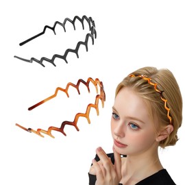 2 Pcs Zig Zag Headband, 90s Zigzag Headbands, Plastic Wavy Hairbands with Shark Teeth Comb Design, Non-Slip Elastic Hair Bands for Women Men Girls, Unisex 90s Hair Accessories (Black, Amber)