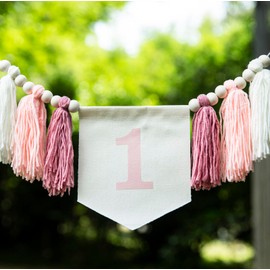 Bandera rosa para silla alta de primer cumpleaños – Decoración para el primer cumpleaños de las niñas, guirnalda rosa rubor, decoración de primer cumpleaños, pancarta de borla de primer cumpleaños,