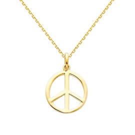 The World Jewelry Center 14k Real Yellow Gold Peace Sign Pendant with 0.9mm Cable Chain Necklace - 20"