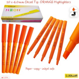 Dollar Neon Highlighter Pens, ORANGE, Pack of 10, Chisel Tip (1-4mm), Multipack, Fast-drying, Fluorescent Colour, Perfect for School Office Home Highlighters