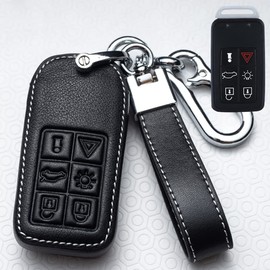 ontto Leather Car Key Fob Cover Keyring fit for Volvo C30 C70 S40 S60 S70 S80 V40 V50 V70 XC60 XC90 Keyless Key Case keychain Remote key Shell key Holder Protector accessories 6 Buttons Black C