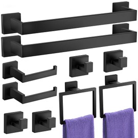 10-Piece Black Bathroom Accessories Set - 304 Stainless Steel Towel Racks for Bathroom - Include Wall-Mounted Bathroom Towel Rack, Toilet Paper Holder, Hand Towel Holder and Robe Hook