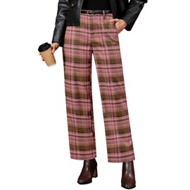 GRAPENT Womens Plaid Pants for Women Trendy Fall Outfits 2025 Business Casual Dressy High Waist Tartan Checkered Plaid Pants, Brown & Pink, M, US Size 8 to 10