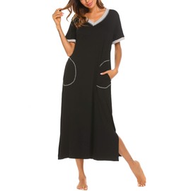 Ekouaer Womens, Nightgown Nightshirt Loungewear, Long, Ultra-Soft Full Length Sleepwear with Pocket, A-black, X-Large