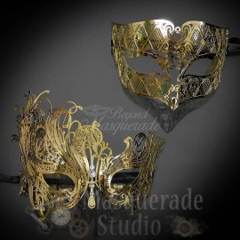 Couples Gold Simplistic and Gold Swan Costume Party Masquerade Mask Set