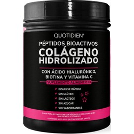 Quotidien Péptidos Bioactivos de Colageno Hidrolizado + Ácido Hialurónico + Biotina + Vitamina C-Suplemento Alimenticio específico para piel y uñas- ¡Disuelve rápido, no cambia el sabor de tus bebidas!- Sin Azúcar, Sin Edulcorantes, Sin Saborizantes - 500g