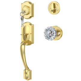 Vintage Front Door Handle and Deadbolt Set, Gold Front Door Lock Set with Crystal Glass Door Knob, Entry Door Lock Set with Single Cylinder, Reversible for Right & Left