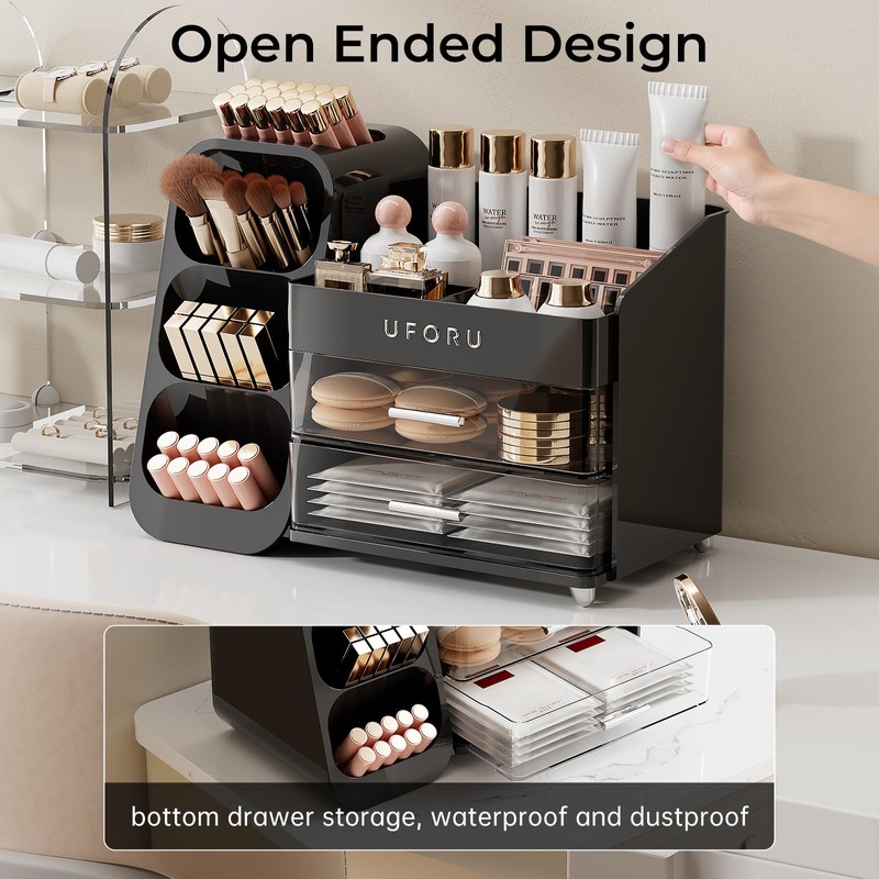 UFORU Makeup Organizer for Vanity with Brush Holder, Countertop Skincare