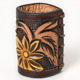 American Darling Western Hand Tooled Carved Genuine Leather Scarf Ring Brown Bandana Slide Cuff Floral Painted