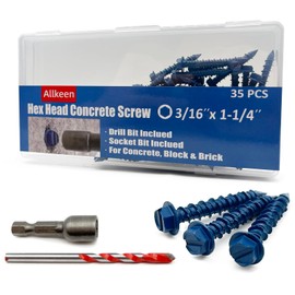 Allkeen 3/16" x 1-1/4" Hex Head Concrete Screws, Anchoring to Masonry, Brick, Block, Cement or Stucco, 35PCS