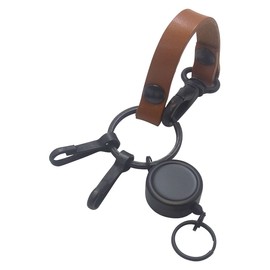 Highstyle Tochigi Leather Reel Key Double Hook Antique Black Color Short Type Loop Key Chain, antique/camel