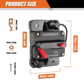 JAMHER 70A Manual Reset Circuit Breaker Inline Fuse Holder Switch DC 12V-48V IP67 Waterproof for Marine/RV/Solar/Trolling Motor with Wire Lugs Copper Washer Screws