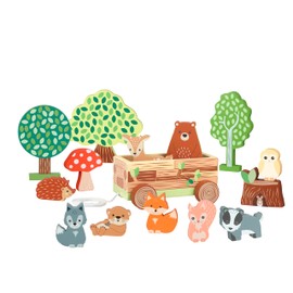 Orange Tree Toys Woodland Animals Wooden Play Set and Pull Along Toy - Animal Figures, Small World Pretend Play - Play Figure Playsets for 1 2 3 Year Old Boys, Girls, Toddlers - Montessori Toys
