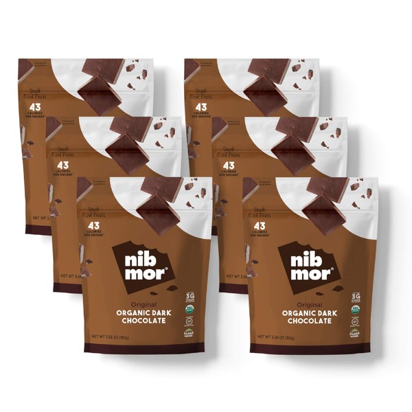 nib mor Vegan Dark Chocolate | Original | Pack of 6-3.56 Oz Bags | Gluten Free, Organic, Plant Based, Dark Chocolate Snack Squares | 72% Cacao