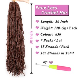 Samtress 7 Packungen unordentliche Kunstlocken, Häkelzöpfe, 76,2 cm, vorgeschlungene Kunstlocken, Häkelzöpfe, synthetisch, lang, braun, Göttin, Locs, Häkelhaar, weich, gelockt, Kunsthaar, für Damen,