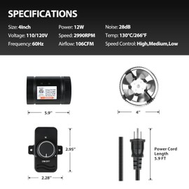 YSSOA 4 Inch 106CFM Inline Booster Duct Fan with Speed Controller, HVAC Exhaust Ventilation Blower with Low Noise for Basements, Bathrooms, Kitchens, Workshops and Attics