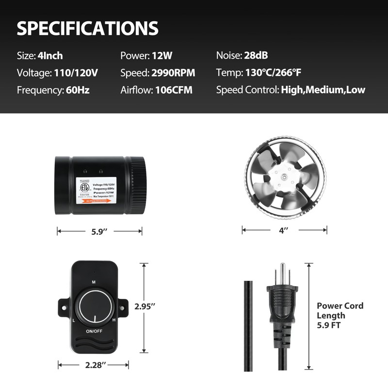 YSSOA 4 Inch 106CFM Inline Booster Duct Fan with Speed