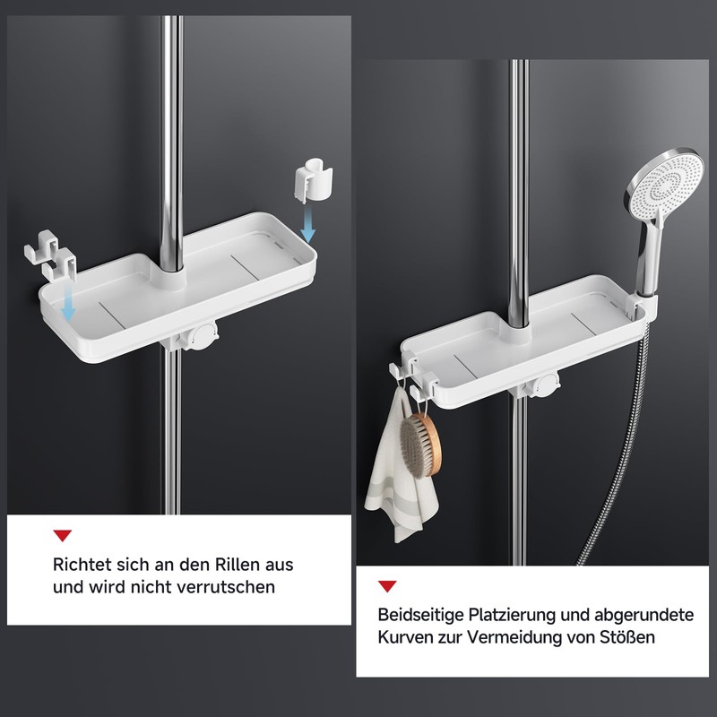 Rainsworth Shower Shelf, No Drilling, White, Tool-Free Installation, Height-Adjustable Shower