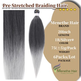 Braiding Hair PreStretched 20 Inch 6 Packs Easy Braids Crochet Braiding Hair Ombre Black to Gray Synthetic Crochet Hair Braids Yaki Texture Hair Braiding(20Inch,1B/Silver#)