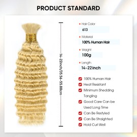Human Braiding Hair 613 Blonde 16 Inch 100g Deep Wave Bulk No Weft Curly Bundles Human Hair Extensions for Boho Knotless Wet and Wavy Braids (613)