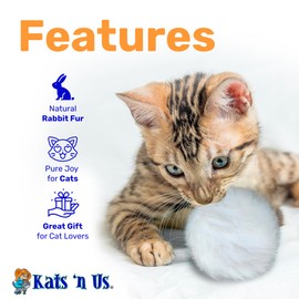 Kats'N Us Real Rabbit Fur Cat Ball Toy - Interactive Pom Pom, Plush, and Puff Balls for Indoor Cats and Kittens - Natural Color Cat Toy Balls - 5 Pack (White, 1.5-2 inch)
