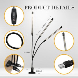 iPower LED Grow Light with Full Spectrum for Indoor Plants, Adjustable Gooseneck, 2/3 Light Modes&5/10 Dimmable Levels, 3 Auto Timing Modes, 3 Tubes, Yellow