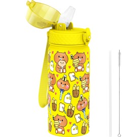 GOPPUS 550ml/18oz Kids Insulated Water Bottle with Straw Cute Double Wall Stainless Steel Child's Small Flask Vacuum Insulated Steel Metal Leak Proof Drink Flask Boys Toddler Girls Bottles BPA-Free