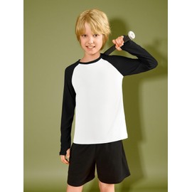 Boys Athletic Long Sleeve Raglan T-Shirts Kids Quick Dry Colorblock Tops with Thumb Holes White