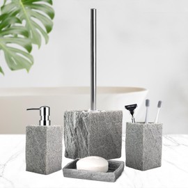 OMEPAX Bathroom Accessories Set - Silver Soap Dispenser, Toothbrush Holder, Soap Dish, Toilet Brush & Toilet Brush Holder - Grey Stone Bathroom Accessories Set - Modern Bathroom Organizer Set