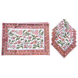 Rastogi Handicrafts Hand Block 100% Cotton Indian Style Theme Dining Table Mats and Napkins Set of 6 Place-mats Runners (Orange 1)