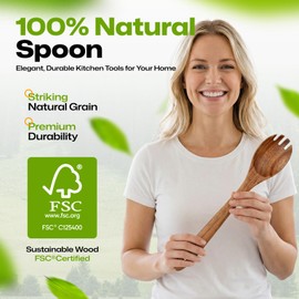 AIUHI Wooden Salad Spoon Fork, 2-in-1 Teak Wood Cooking Utensil, Long Handle Non-Stick Safe Pasta Server for Mixing Tossing Serving Salad Pasta and Fruits