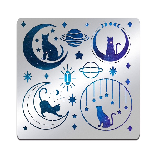 BENECREAT Fantasy Theme Stainless Steel Stencil, 6x6 inch Moon Cat