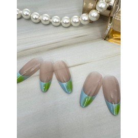Fast Nails Press On Nails- 24 Pieces Neon Green and Light Blue Ombre French Tip Medium Almond with Glossy Reusable Nail Kit with Adhesive Tabs