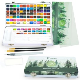Mikkelhus Watercolor Set – 120 Colors in a Portable Box. Includes Brush and Watercolor Paper. Watercolors for Artists and Hobby Painters. 120 Watercolors in a Beautiful Gift Box.