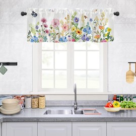 Dragonfly Wildflowers Kitchen Curtain Valance for Windows Butterfly Botanical Floral Pink Blue Colorful Window Treatments Short Curtains for Kitchen Windows Bathroom Bedroom Door, 54"Wx18"L,1 Panel