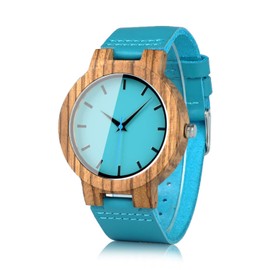 BOBO BIRD Men's Bamboo Wooden Watch with Blue Cowhide Leather Strap Casual Watches for Groomsmen Gift with Box