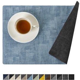 Romanstile Reversible Vinyl Placemats Set of 4, Faux Leather 100% Waterproof Oil-Proof Wipeable Place Mats, Heat Resistant Dual Sided Table Mats for Kitchen/Dining/Party (Grey Sky Blue, 12 x 18 Inch)