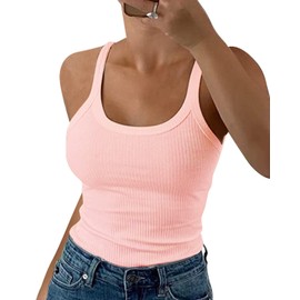 Pepochic Women's Scoop Neck Ribbed Tank Tops Workout Sleeveless Summer Casual Fitted Cami Shirt A-Pink