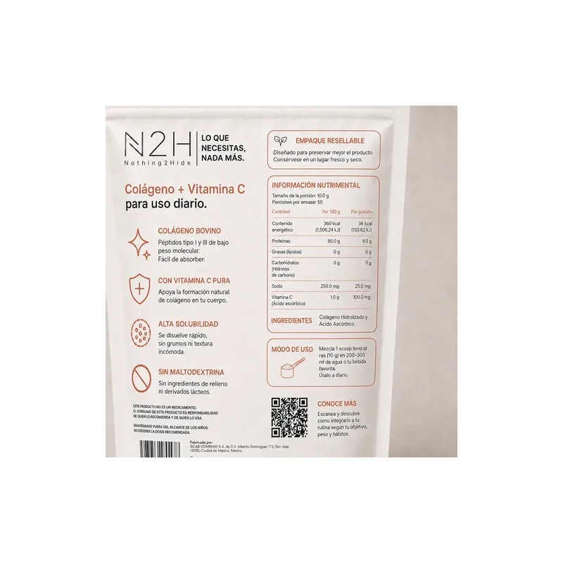 Colágeno Hidrolizado Vitamina C, 500g, Sin Sabor, N2h