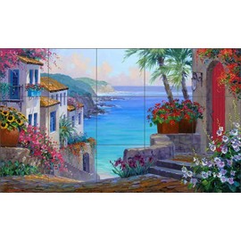 Mediterranean Tile Backsplash Tranquil Haven by Mikki Senkarik Seascape Art Kitchen Shower Ceramic Mural (21.25" x 12.75" on 4.25" Tiles)